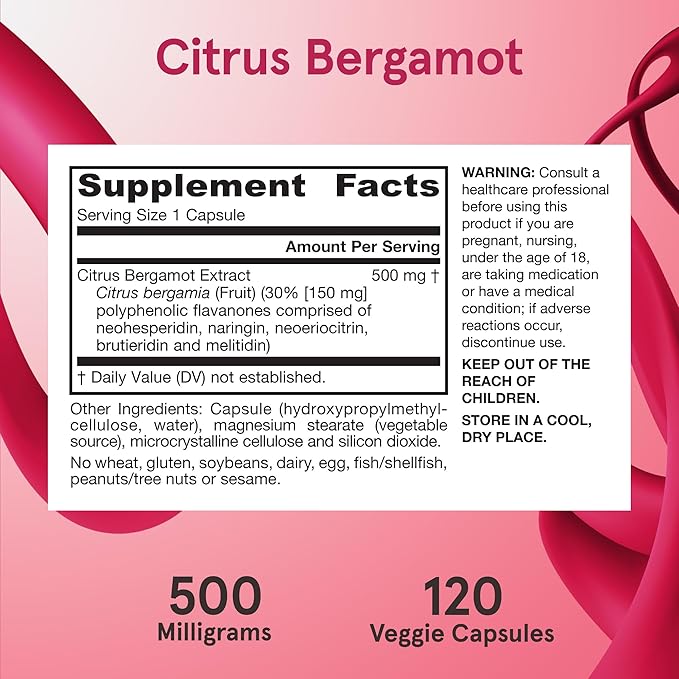 Jarrow Formulas Citrus Bergamot 500 mg - 120 Servings (Veggie Caps) - Antioxidant Support for Cardiovascular & Metabolic Health - Dietary Supplement - Gluten Free - Use with Jarrow Formulas QH-absorb
