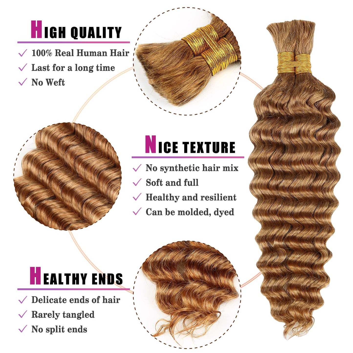 Honey Human Braiding Hair Deep Wave Bulk,27# Color No Weft Curly Braiding Hair Extensions for Boho Braids Wet and Wavy Braiding