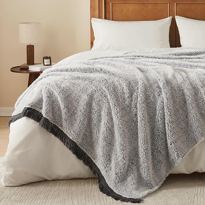 EMME Fuzzy Blanket Soft Fleece Throw Blankets for Women, Fluffy Sherpa Throws(Tassel Grey,60"x80")