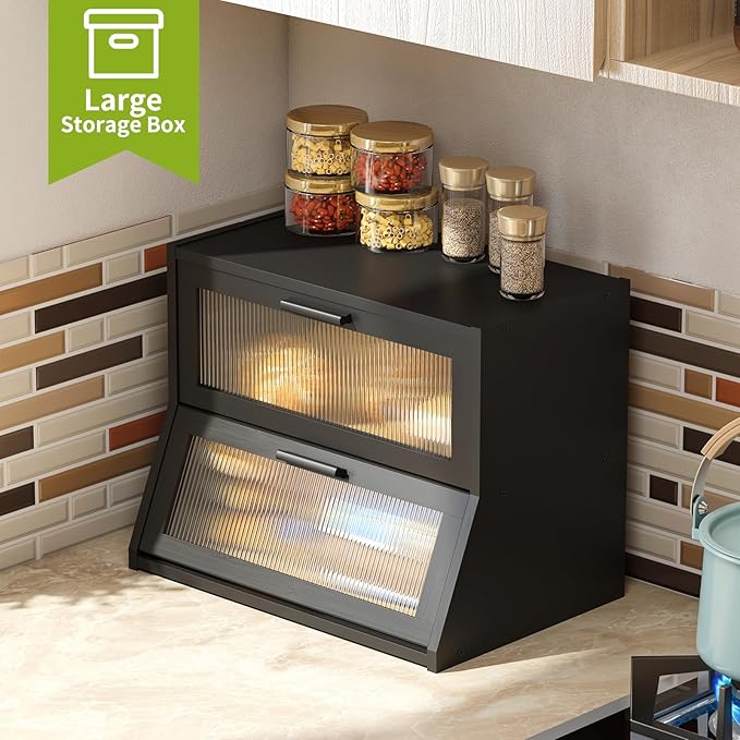BMOSU Large Bread Box Double Layer Bamboo Bread Box for Kitchen Counter Container Farmhouse Bread Holder Capacity Bread Storage Bin(Black)