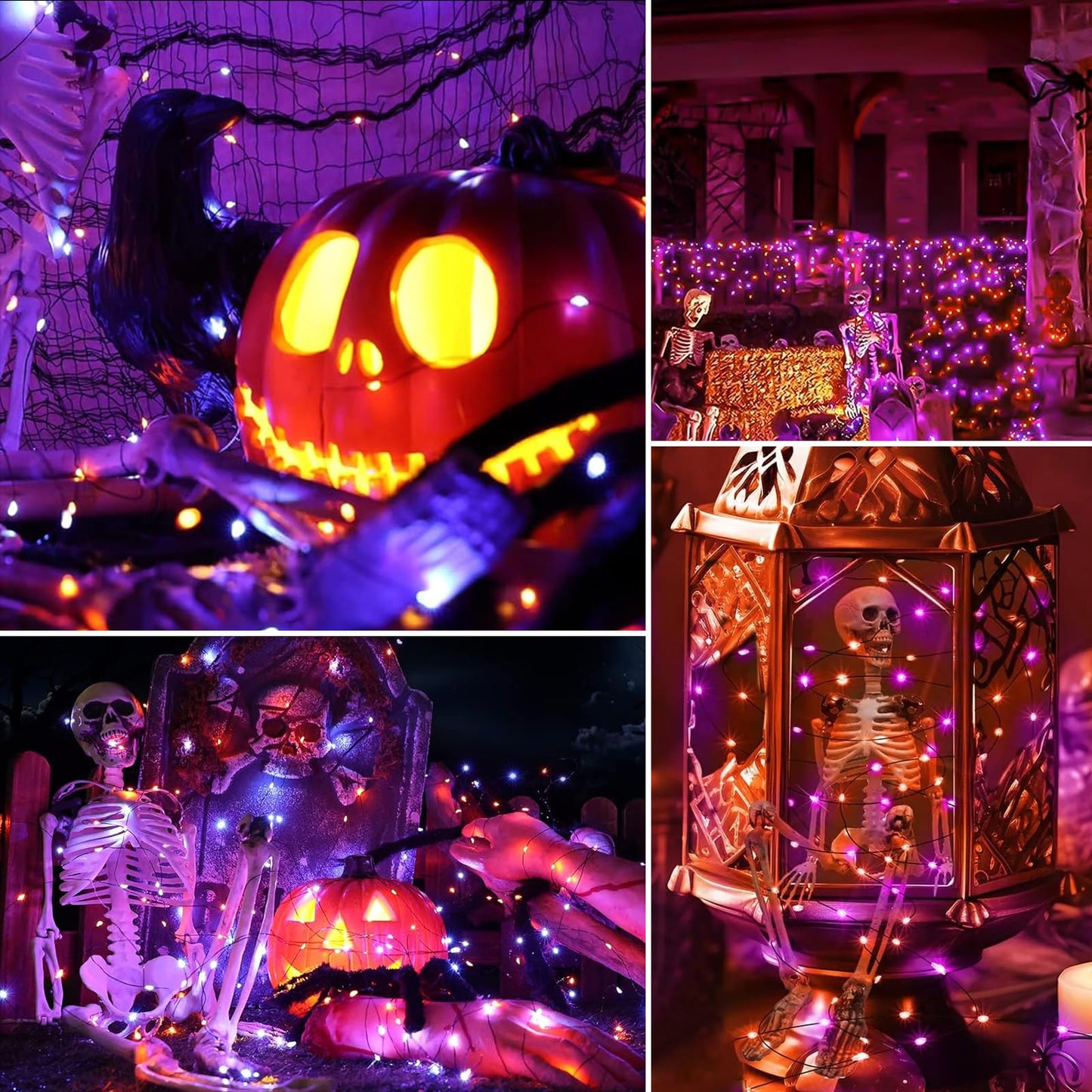 Solar String Lights Outdoor Waterproof 2 Pack Total 66Ft 200Led 8 Modes Twinkle Lights Solar Fairy Lights For Patio  Garden Yard Party Tree Christmas Halloween Decoration  Orange + Purple