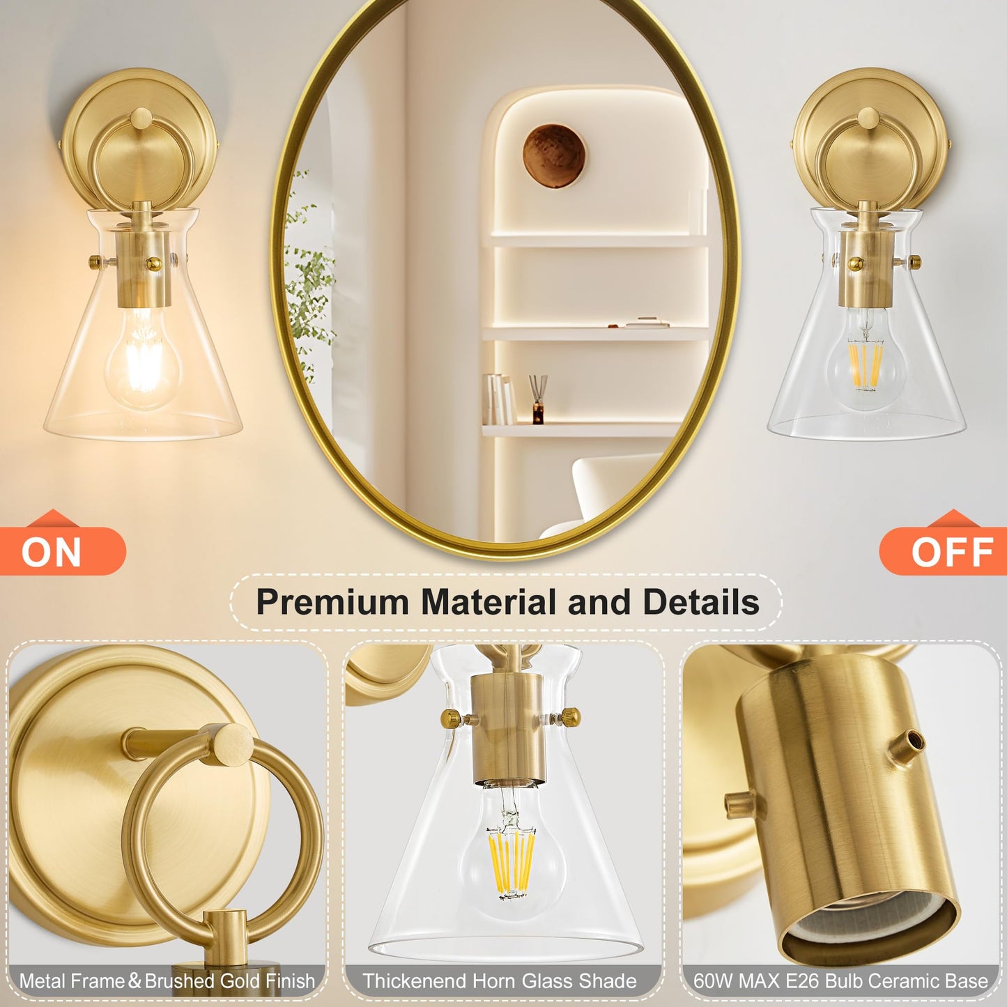 Gold Wall Sconce 1-Light Hardwired Wall Mount Modern Farmhouse Vanity Light Fixtures With 6 Inch Clear Glass Shade  Wall Lights For Bathroom  Bedroom  Living Room  Mirror  Kitchen  Lighting Lamp