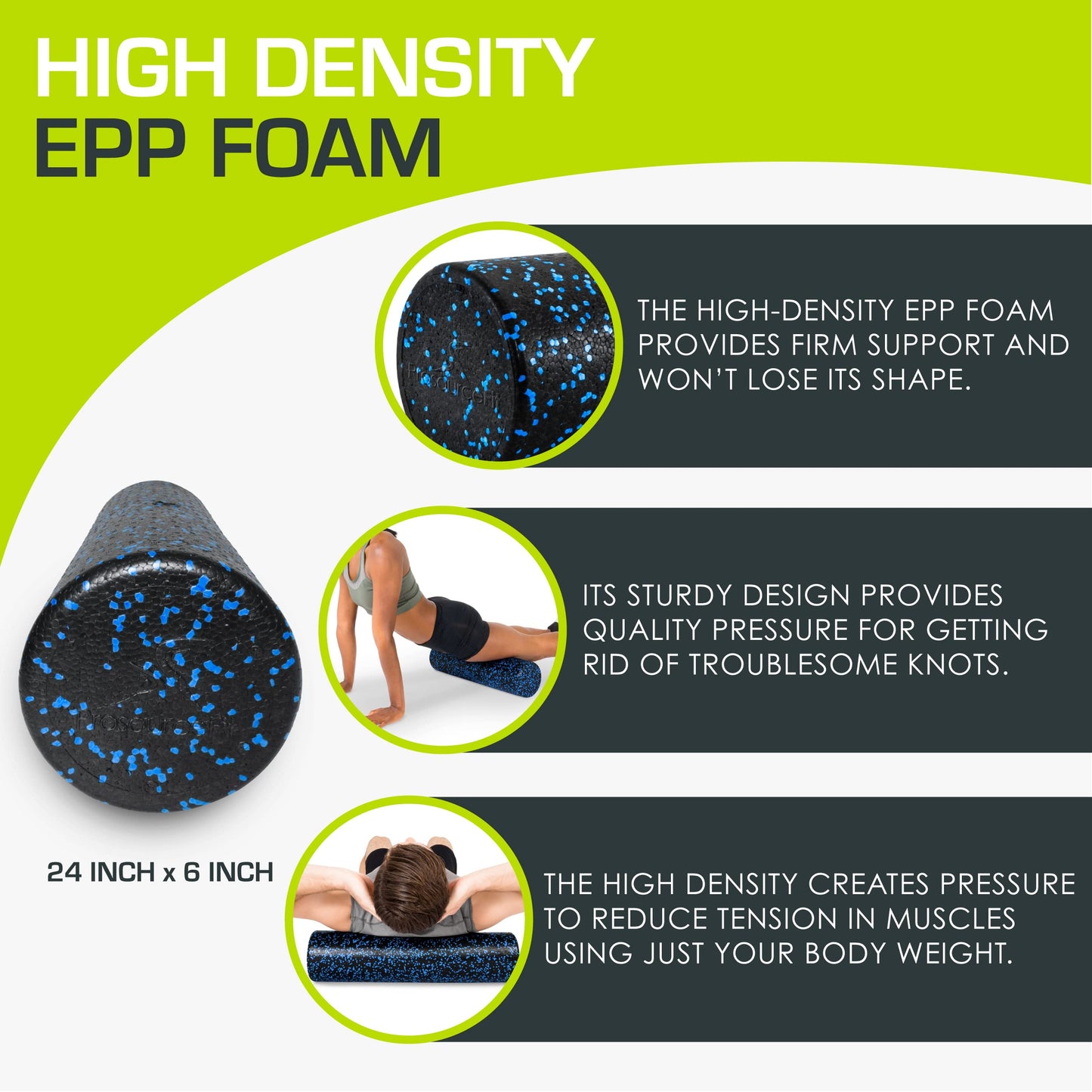 ProsourceFit High Density Foam Rollers 24 - inches long, Firm Full Body Athletic Massage Tool for Back Stretching, Yoga, Pilates, Post Workout Muscle Recuperation, Black/Blue