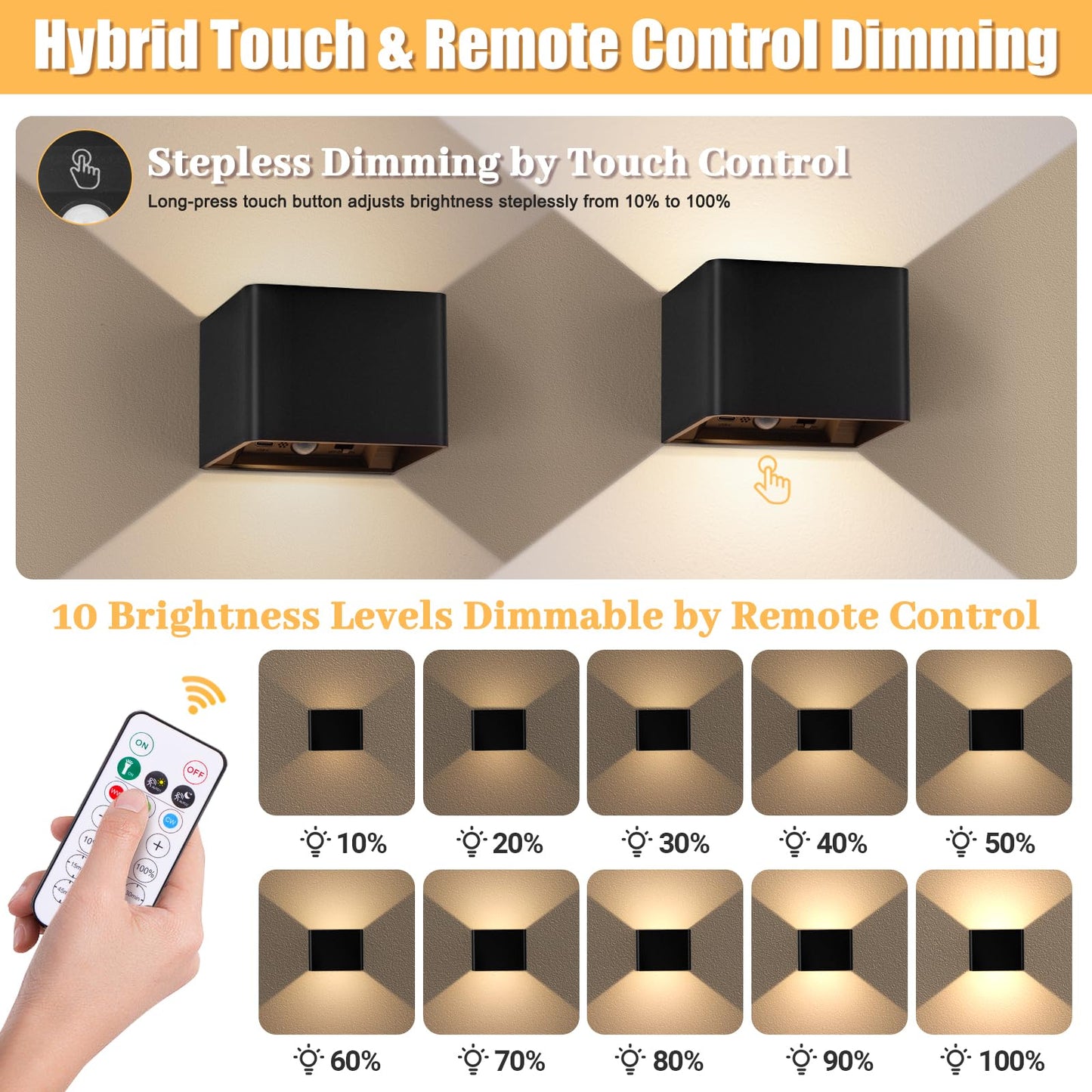 Yochoice Motion Sensor Wall Sconces, 6000mAh Rechargeable, 3 Color Temperatures, Black, Model A5, 2-Pack