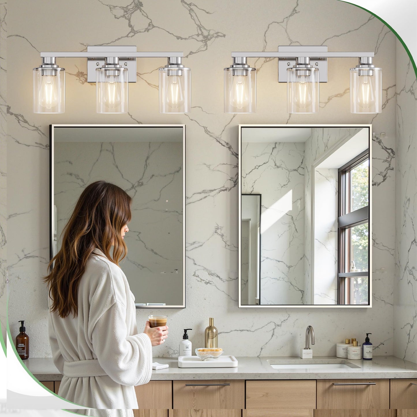 Doresshop 20 Inch Bathroom Light Fixtures  3-Light Chrome Bathroom Lighting Fixtures Over Mirror With Clear Glass Shade  Vanity Lights For Living Room Bedroom