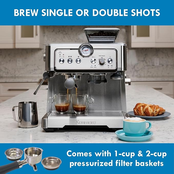 Kenmore Espresso Machine – Automatic Coffee Maker with Manual Tamper, Auto Cleaning, Milk Steamer & Frother, Bean Grinder, Brew Professional Barista Style Cappuccino, Café Latte