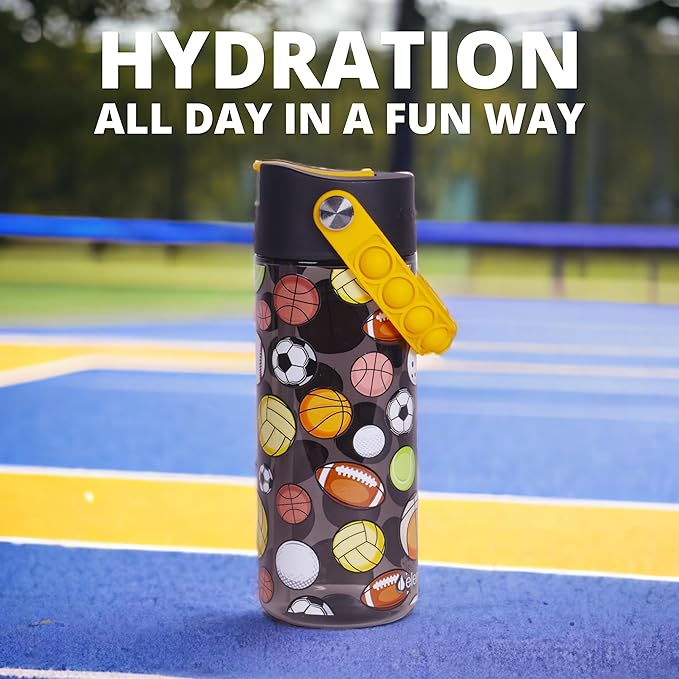 Elemental Leak Proof Water Bottles for Kids - Splash Kids Water Bottle for School with Fun Fidget Pop-it Handle - BPA Free Tritan Plastic Reusable Water Bottle with Straw - Sports Ball - 18oz