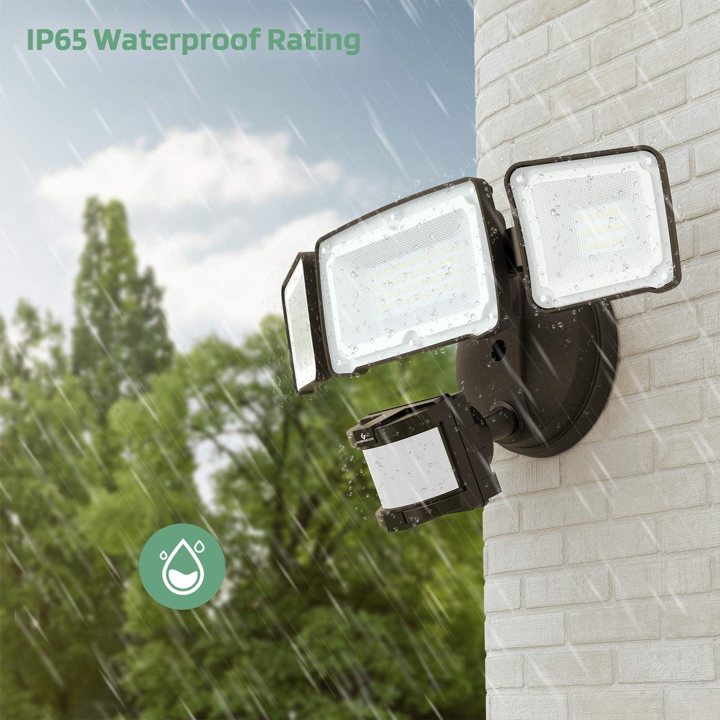 GLORIOUS-LITE LED Security Light, 35W 3500LM, Motion Sensor, 3 Adjustable Heads, IP65 Waterproof, Brown, Model YY02A-BR