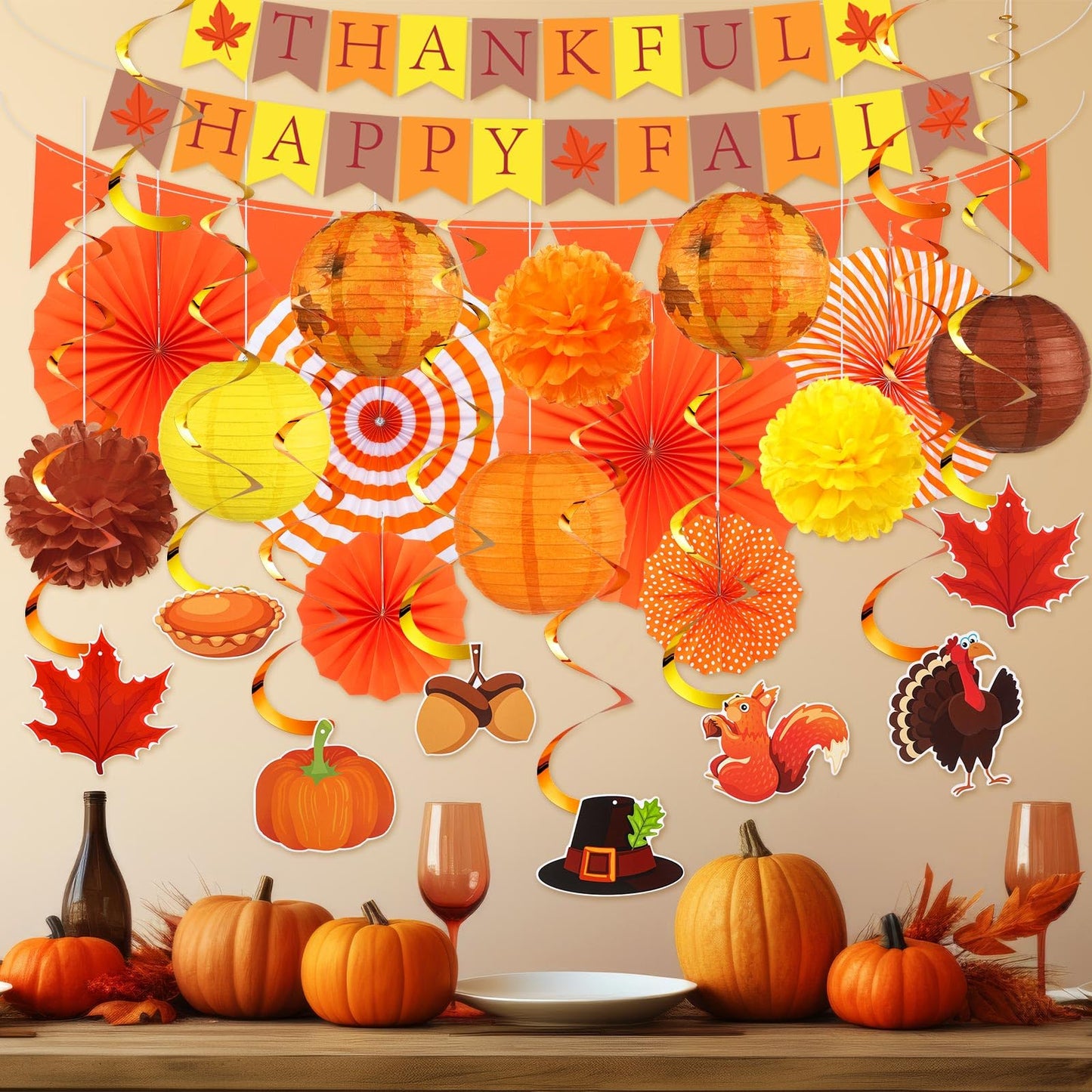 Motiskyy 28 Pcs Thanksgiving Party Decoration Include Thankful Happy Fall Banner Autumn Paper Lanterns Pom Pom Hanging Fans Bunting Garland Swirl Streamers For Thanksgiving Harvest