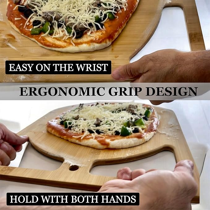 2-in-1 Wooden Pizza Peel & Bamboo Cutting Board | Dual Grip Pizza Paddle Board for Baking, Pizza Spatula & Large Cutting Board for Pizza | Pizza Turning Peel for Baking Accessories, 17" X 13.5"'