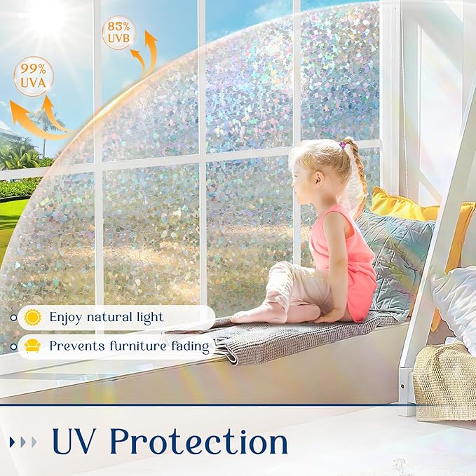 Haton Window Privacy Film Rainbow Film Stained Glass Window Clings, 3D Decorative UV Sun Blocking Sticker, Removable Static Cling Heat Control Tint for Home Door, 23.6" x 78.7" Non-Adhesive