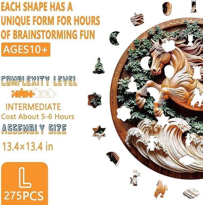 Wooden Puzzles for Adults - Flat Puzzle with 3D Visual Effect Horse Puzzle, Unique Shape Animal Wooden Puzzle, Unique Gift Ideas, Wood Puzzles Adult, Wall Art Puzzle Canvas (L-13.4*13.4in-275 Pieces)