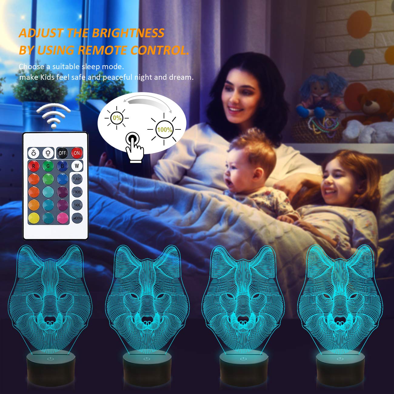 FULLOSUN 3D Wolf Night Light, Acrylic Optical Illusion Lamp, Remote Controller, 16 Color Changing, Model FS-3242, Blue-Wolf