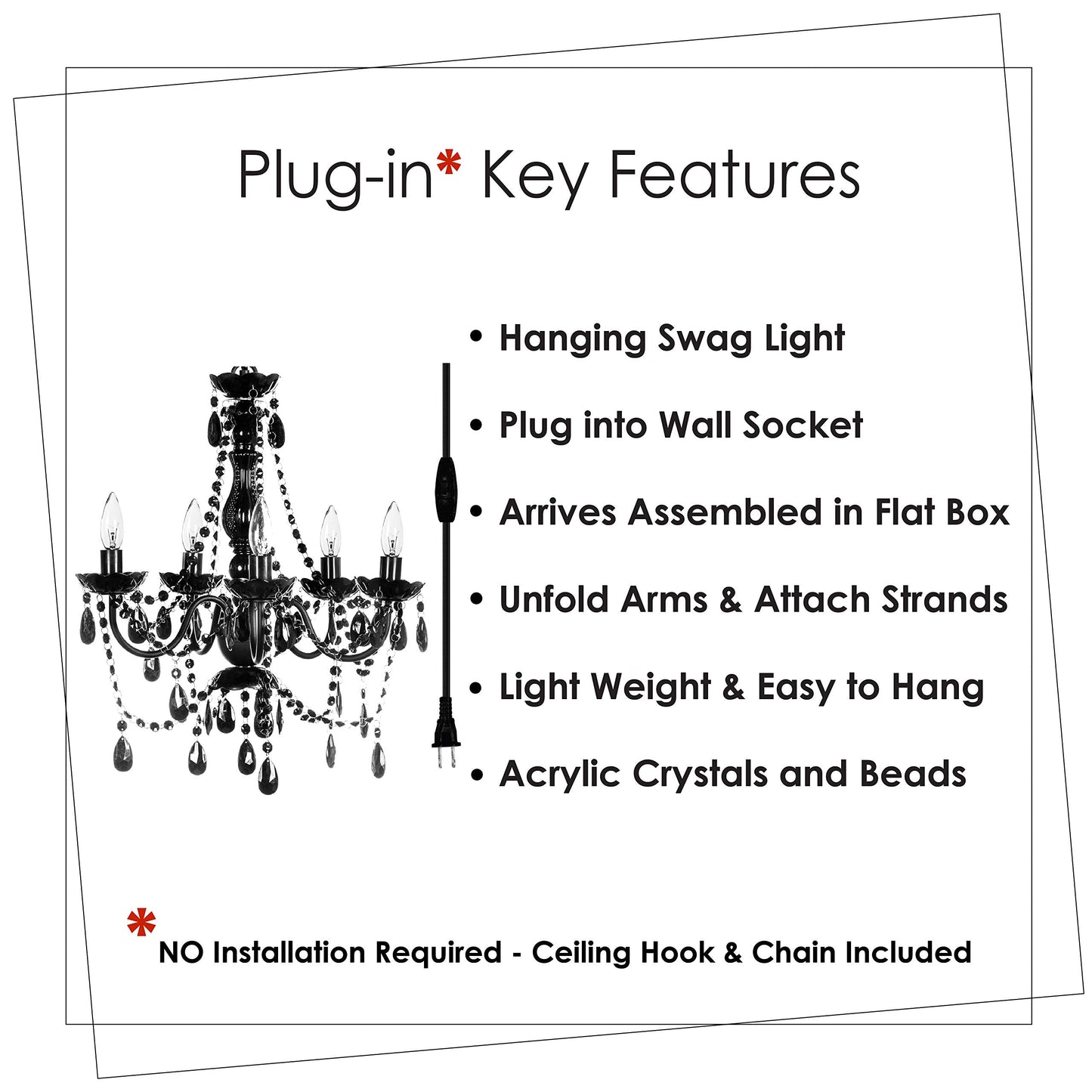 Gypsy Color 6 Light Plug-In Swag Chandelier, Black Metal Frame, Glass Stem, Acrylic Crystals, Model Gylgbkp, H26”Xw22”