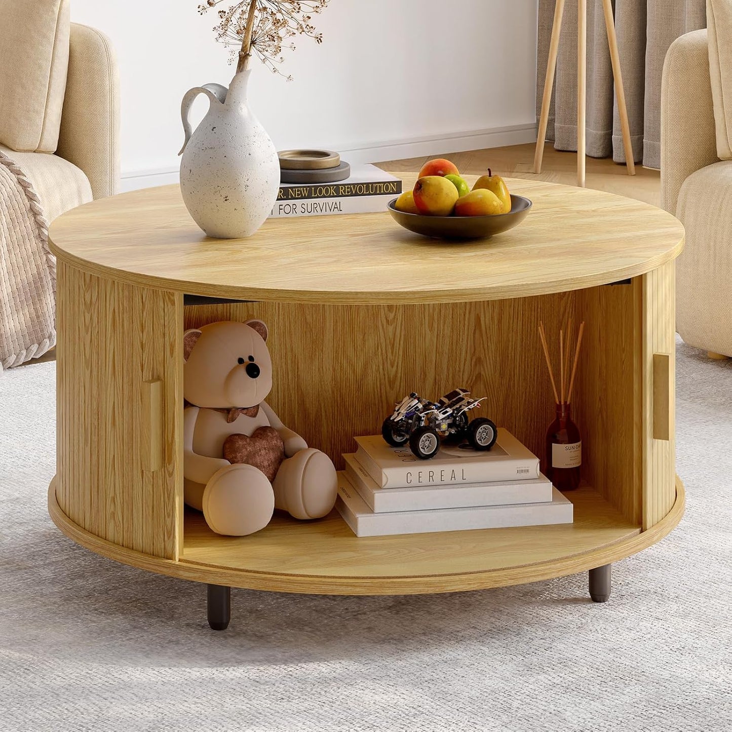 Round Coffee Table with Storage, 31.5" Modern Coffee Table with 360° Curved Sliding Door, Fluted Wood Accent Coffee Table with Adjustable Footpads, Round Center Table for Living Room, Oak