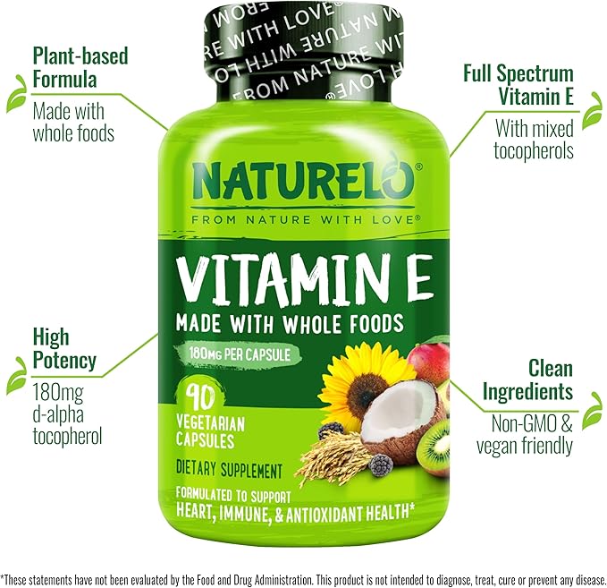 NATURELO Vitamin E - 180 mg (300 IU) of Natural Mixed Tocopherols from Organic Whole Foods - Supplement for Healthy Skin, Hair, Nails, Immune & Eye Health - Non-GMO, Soy Free - 180 Vegan Capsules