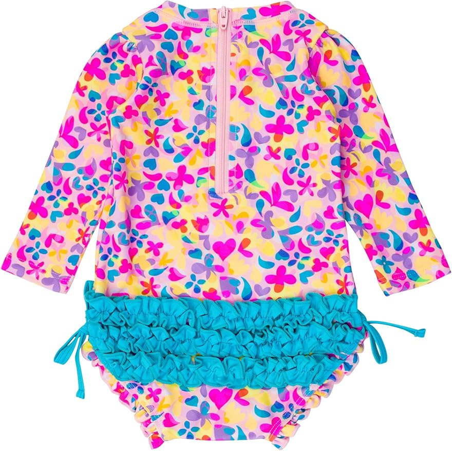 RuffleButts Baby Girls UPF 50+ Sun Protection Novelty Print Long Sleeve One Piece Rash Guard Swimsuit with Zipper