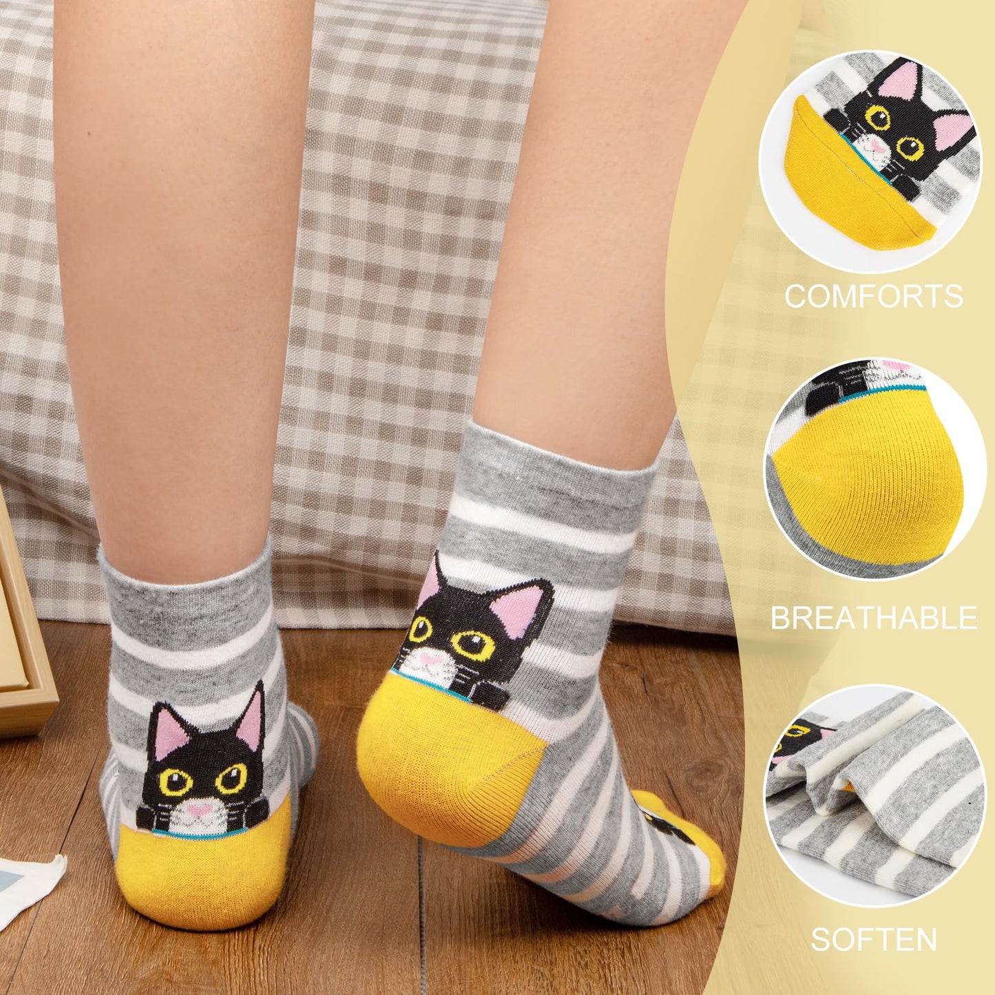 6 Pairs Women's Cute Cat Socks Gifts, Funny Novelty Animal Print Crew Cotton Socks Christmas Gifts for Women Girls