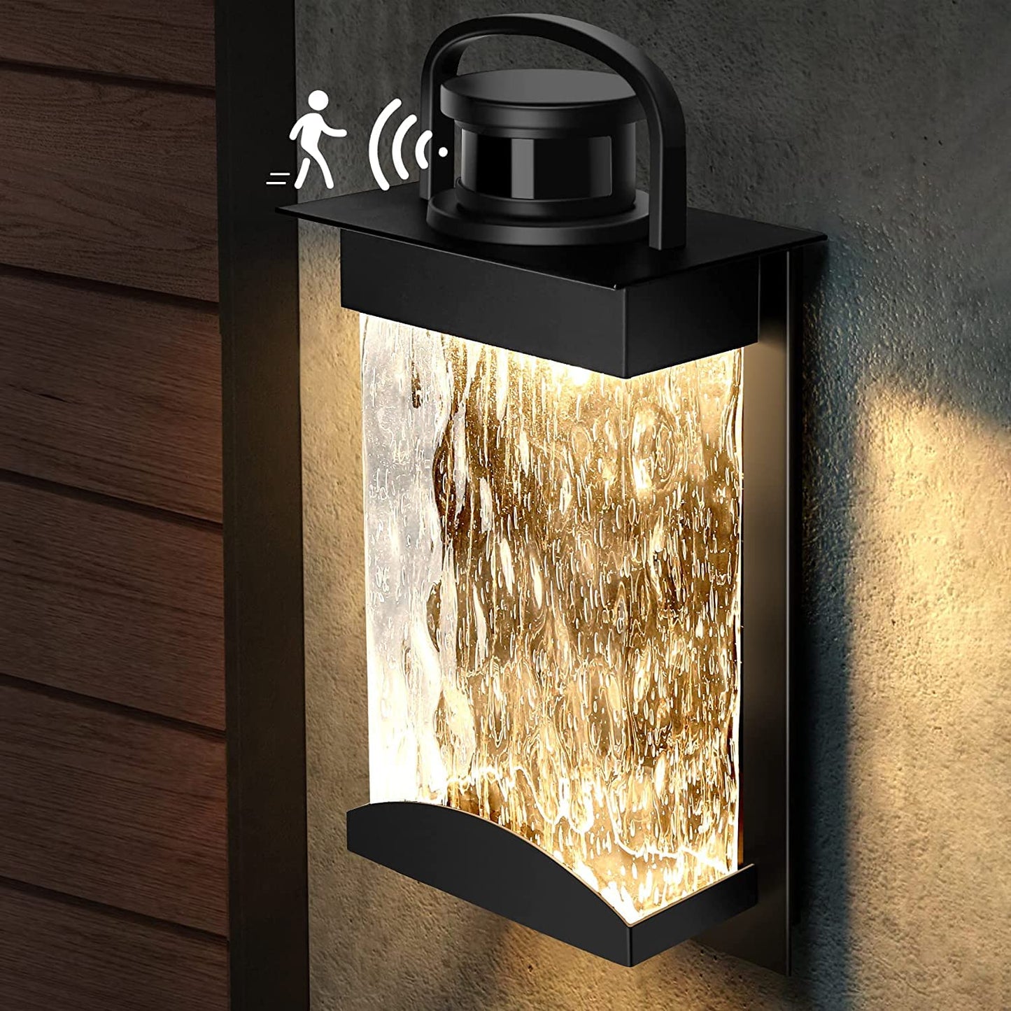 Lamomo Motion Sensor Outdoor Lights, 1200 Lumen LED, 3 Lighting Modes, Black, Model B6058-US, Modern Glass Wall Sconce