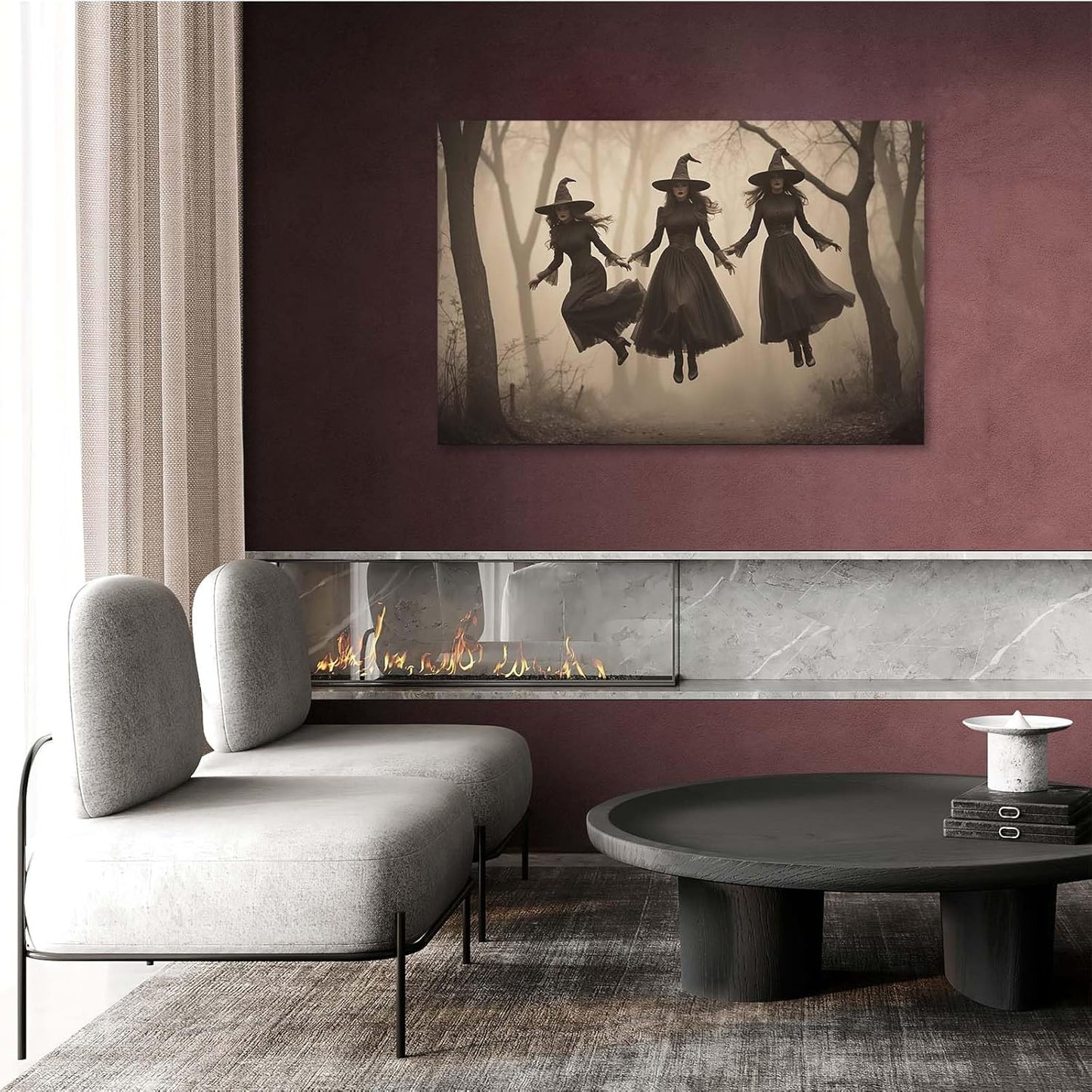 Three ghost witches flying in vintage forest gothic wall art witchcraft decoration holiday gift canvas wall art print28x40in Wood Framed