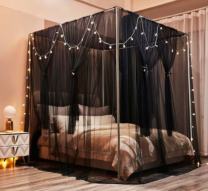 Mengersi Bed Canopy Canopy Bed Curtains with Lights- 4 Corners Post Royal Bed Drapes Mosquito Net- Elegant Bedroom Decoration Accessories for Adults(King,Black)