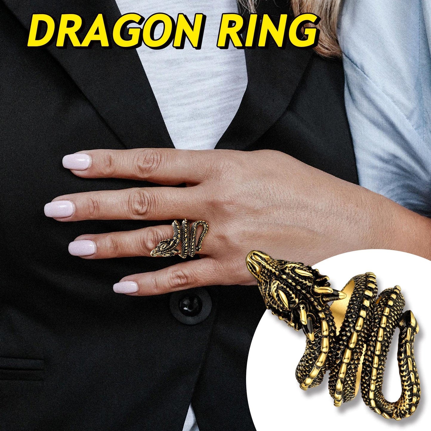 Bestyle Vintage Gold Dragon Ring for Women Men Cool Rings Dragon Jewelry Gothic Punk Finger Rings Fashion Halloween Costumes for