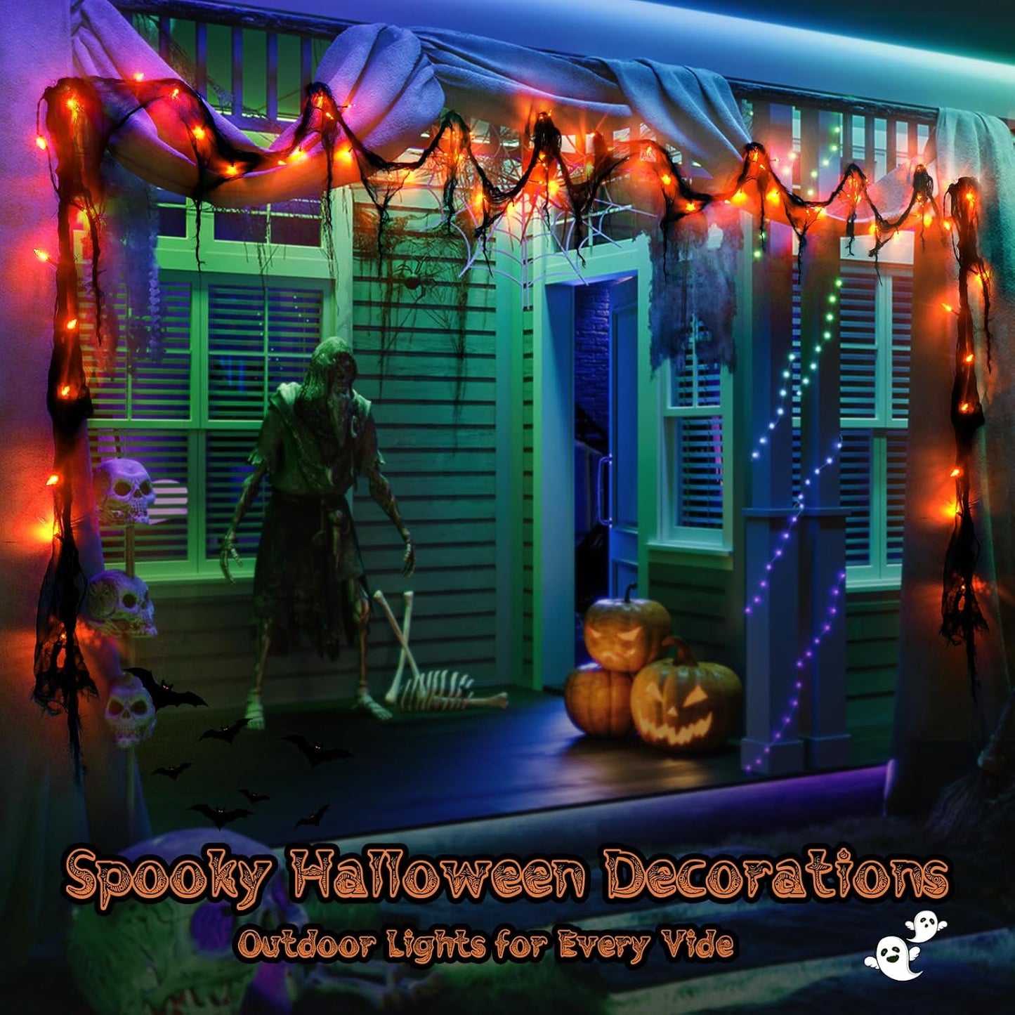 Halloween Horror Atmosphere Lights, Orange&Purple LED String Lights with 9.9FT Creepy Black Gauze, Battery Powered with Timer & 8 Flashing Modes (Orange)