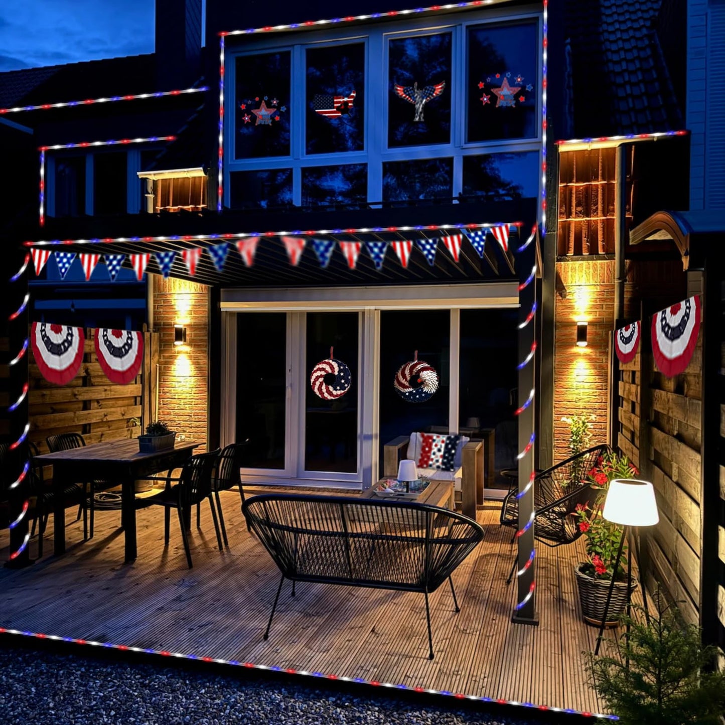 YEGUO Solar Rope Light, 200 LED, 66ft, 8 Modes, Red White Blue, 4th of July Decorations