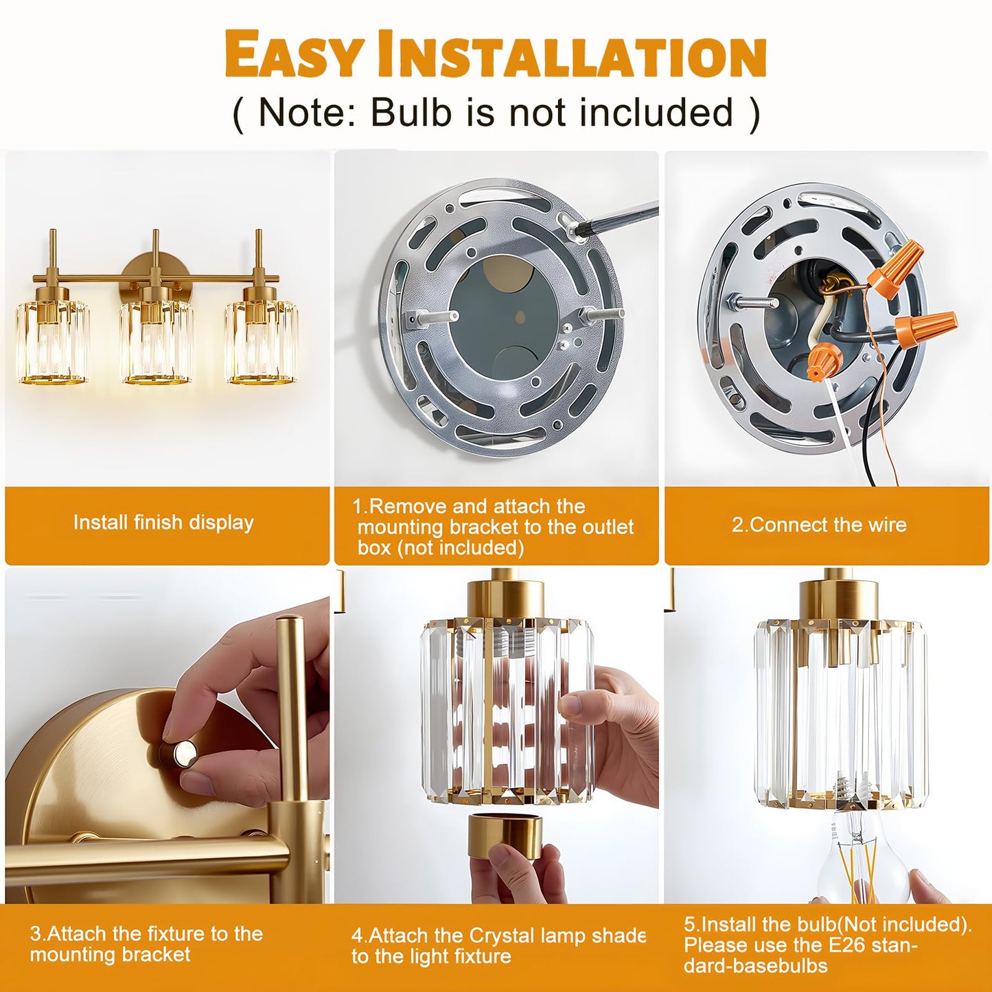 EJIAXIN Bathroom Lighting Fixtures, 3 Light Gold Bathroom Light Fixtures with Clear Shades Modern Crystal Vanity Light Bath Room Vanity Lighting Over Mirror Wall Light