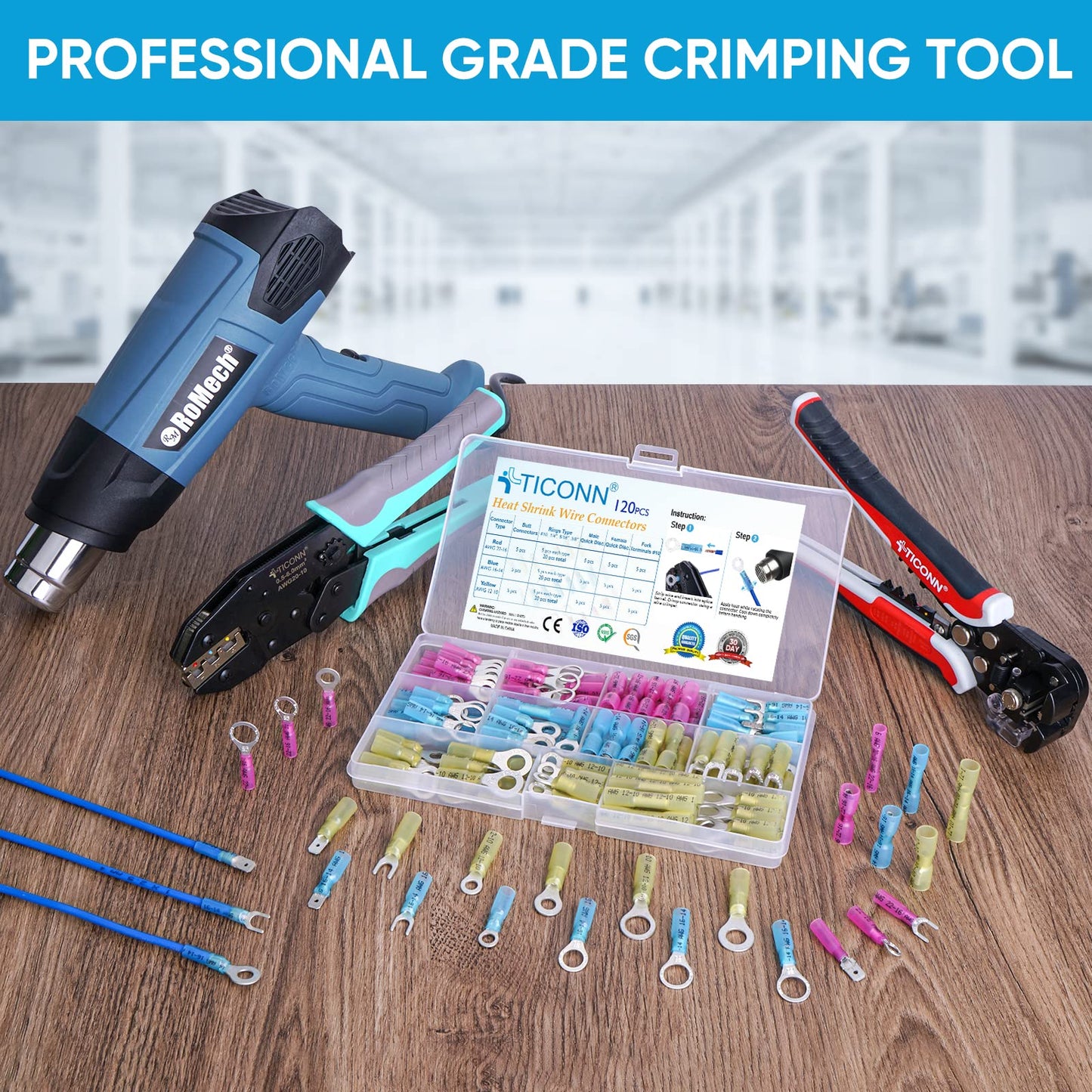 TICONN 120Pcs Heat Shrink Wire Connectors, Waterproof Automotive Marine Electrical Terminals Kit, Crimp Connector Assortment, Ring Fork Spade Butt Splices