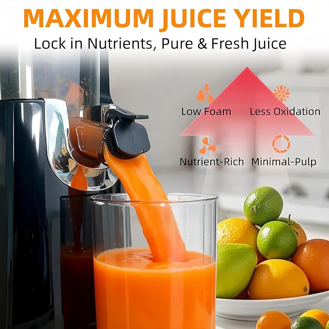 Cold Press Juicer Machines, 5.3” Large Feed Chute Slow Masticating Juicer for Whole Fruits & Vegetables, 300W Quiet Juice Extractor, Easy to Clean, 99% High Juice Yield, Black