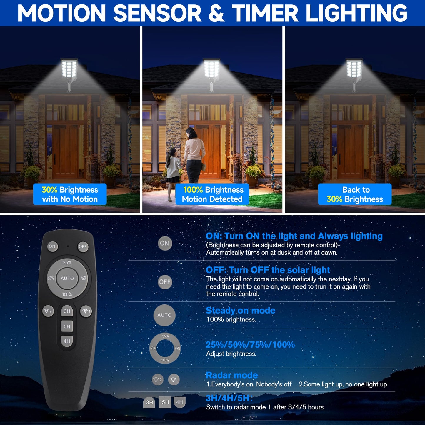 Azeivk Solar Street Lights Outdoor 6500K Motion Sensor with Remote Control, Waterproof, 4 Pack, White