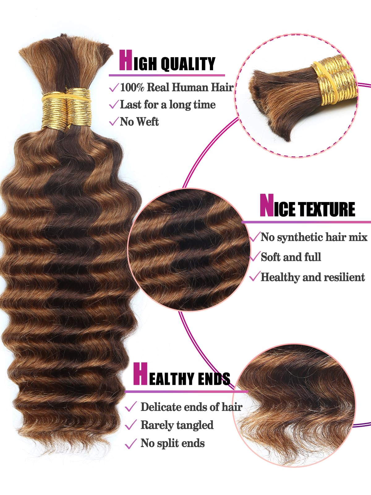 4/30 Bronze Gold Human Braiding Hair Deep Wave Bulk,Highlight No Weft Curly Braiding Hair Extensions for Boho Braids Wet and Wav