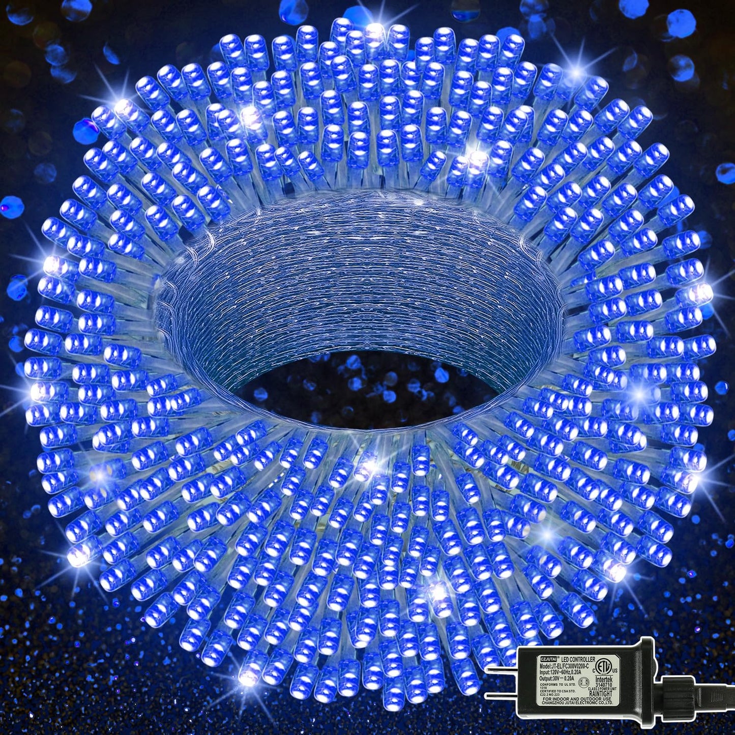 LJLNION 300 LED String Lights, 98.5FT Waterproof Fairy Lights, 8 Modes, Blue, Model HB-300COI, Indoor/Outdoor Decorations