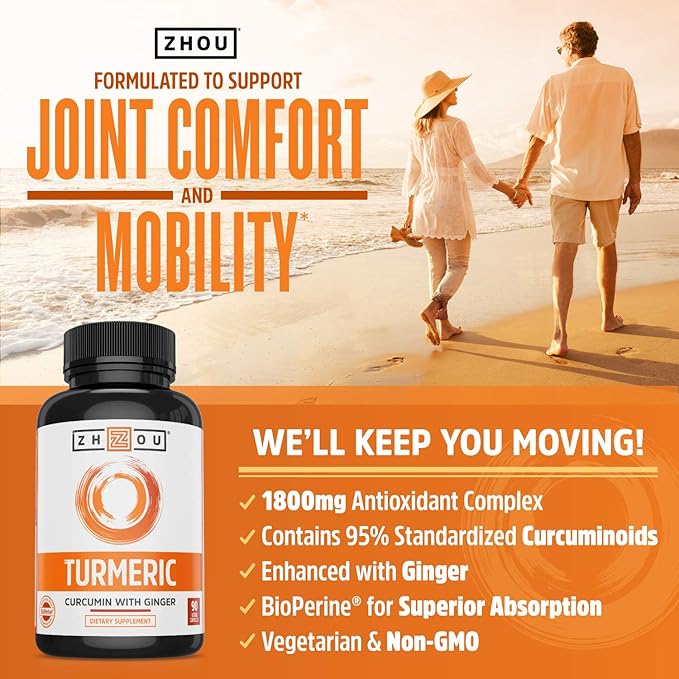 Zhou Turmeric Curcumin with Ginger - Turmeric and Ginger Supplement for Women & Men, Curcuminoids with Ginger Root & Black Pepper Extract for Digestion & Joint Health - 90 Veggie Capsules