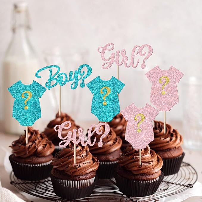 Rsstarxi 24 Pack Gender Reveal Cupcake Toppers Glitter Boy or Girl Cupcake Toppers Pink or Blue Baby Shower Cupcake Picks Decors for Gender Reveal Baby Shower Party Cake Decorations