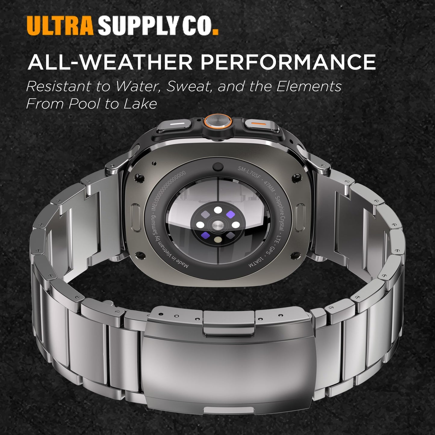 Ultra Supply Co. Titanium Band Compatible with Samsung Galaxy Watch Ultra 47mm - Grade 2 Metal Strap with Folding Buckle and Scratch-Proof DLC Coating, Waterproof, One Size Fits All - Titanium Gray