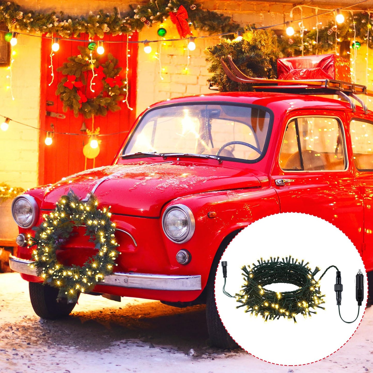 Aurelema 12V Christmas 32 Ft Car Led String Light Golf Cart Decorations Warm Yellow Light String Waterproof Atmosphere Lighting Kits For Christmas Car Accessories