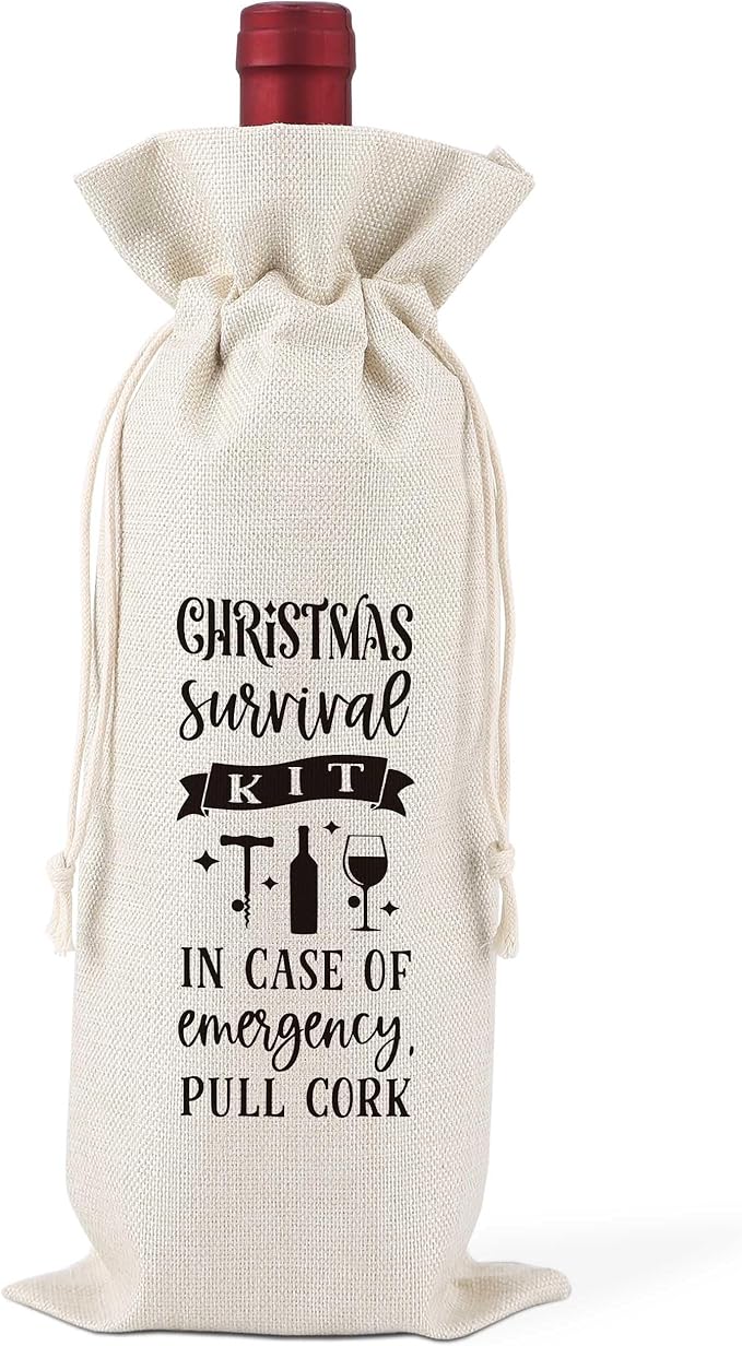 Christmas Survival Kit,In Case of Emergency Pull Cork,Wine Bag Gift for Friends,Sisters,Besties,Colleagues,Family,Daughters,Sons,Goody Bag,Party Favor Bag,Reusable Wine Bag With Drawstring,L45