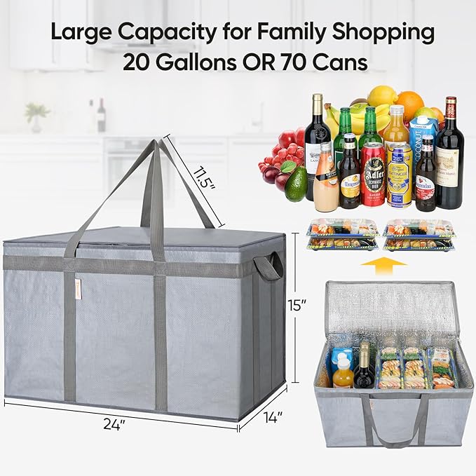 BALEINE 2Pk Insulated Reusable Grocery Bags, Collapsible Cooler Bag for Groceries, Heavy Duty Large Insulated Bag (24''x14''x15'', Urban Gray)