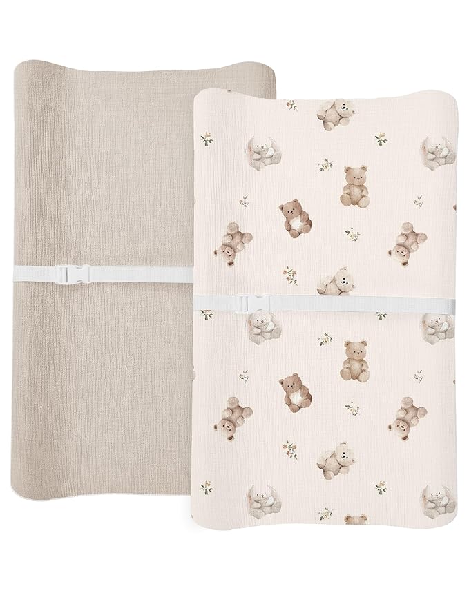 Changing Pad Cover for Baby Boy Girl 2 Pack, Muslin Changing Table Pad Covers with Boho Style, Neutral Nursery Bedding Essentials Soft and Breathable (Teddy & Friends)