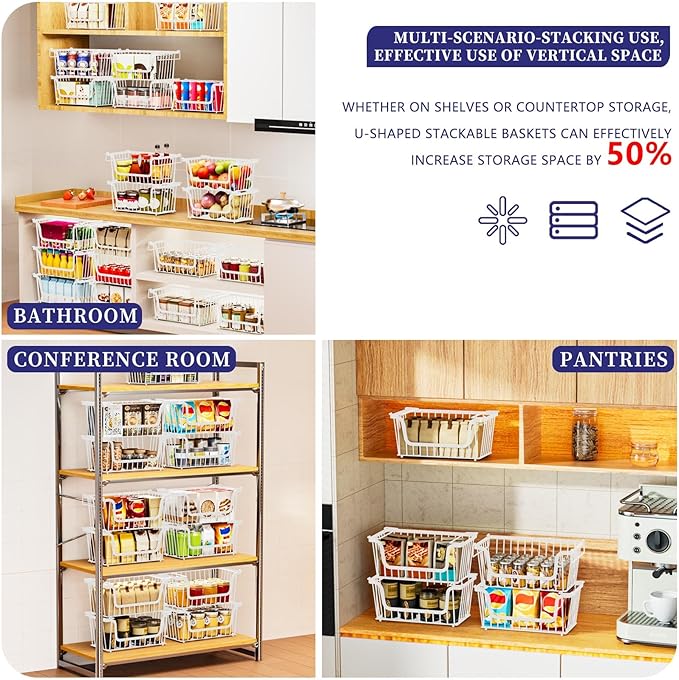 6 Pack Enhanced Leak-Proof Bottom Stackable Wire Baskets, Pantry Organizers and Storage, pantry storage，Shelf Baskets, Fruit Basket, Potato and Onion Storage Bins，(White)