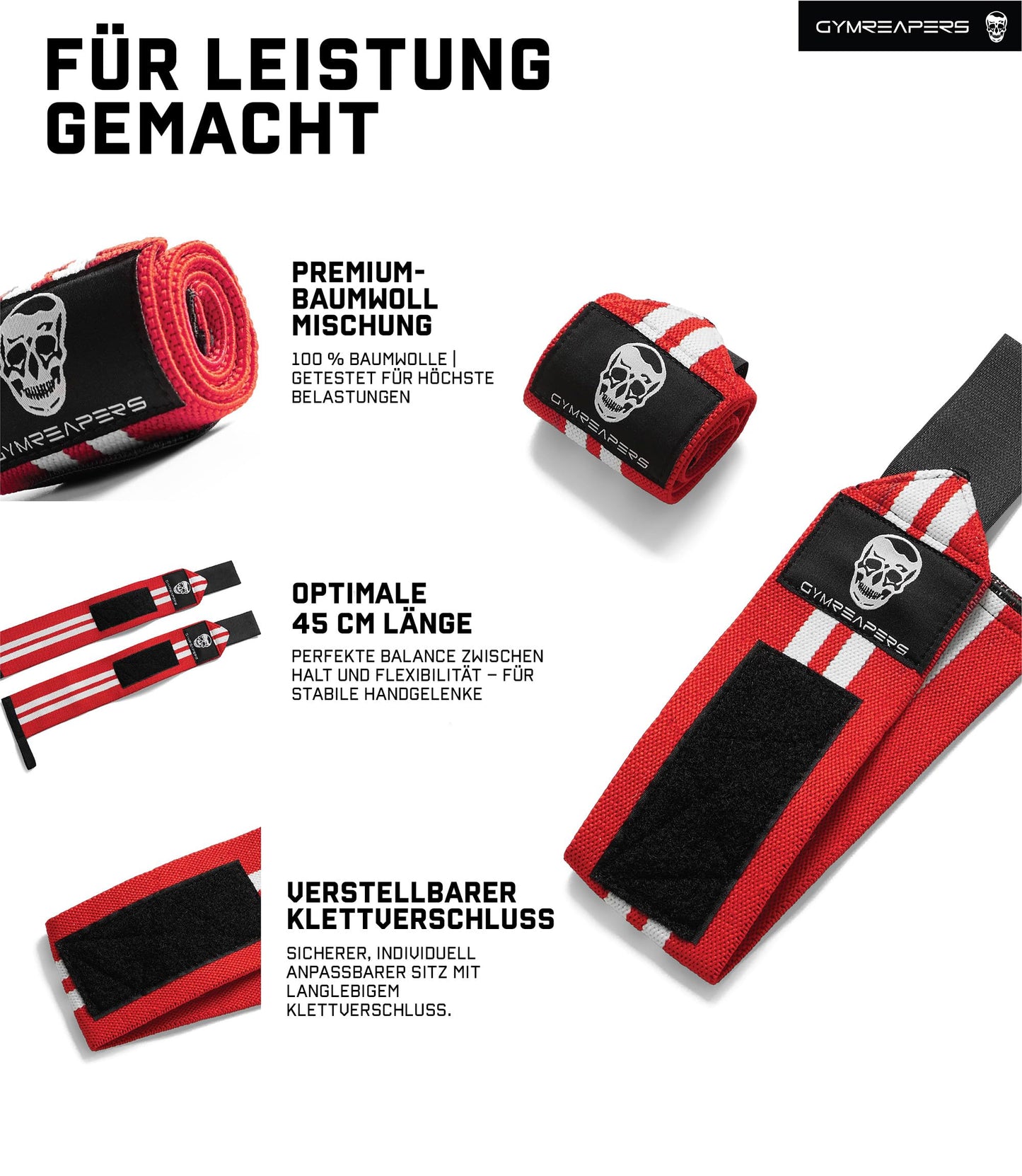 Gymreapers Weightlifting Wrist Wraps (Competition Grade) 18" Professional Quality Wrist Support with Heavy Duty Thumb Loop - Best Wrap for Powerlifting, Strength Training, Bodybuilding(Red/White,18")