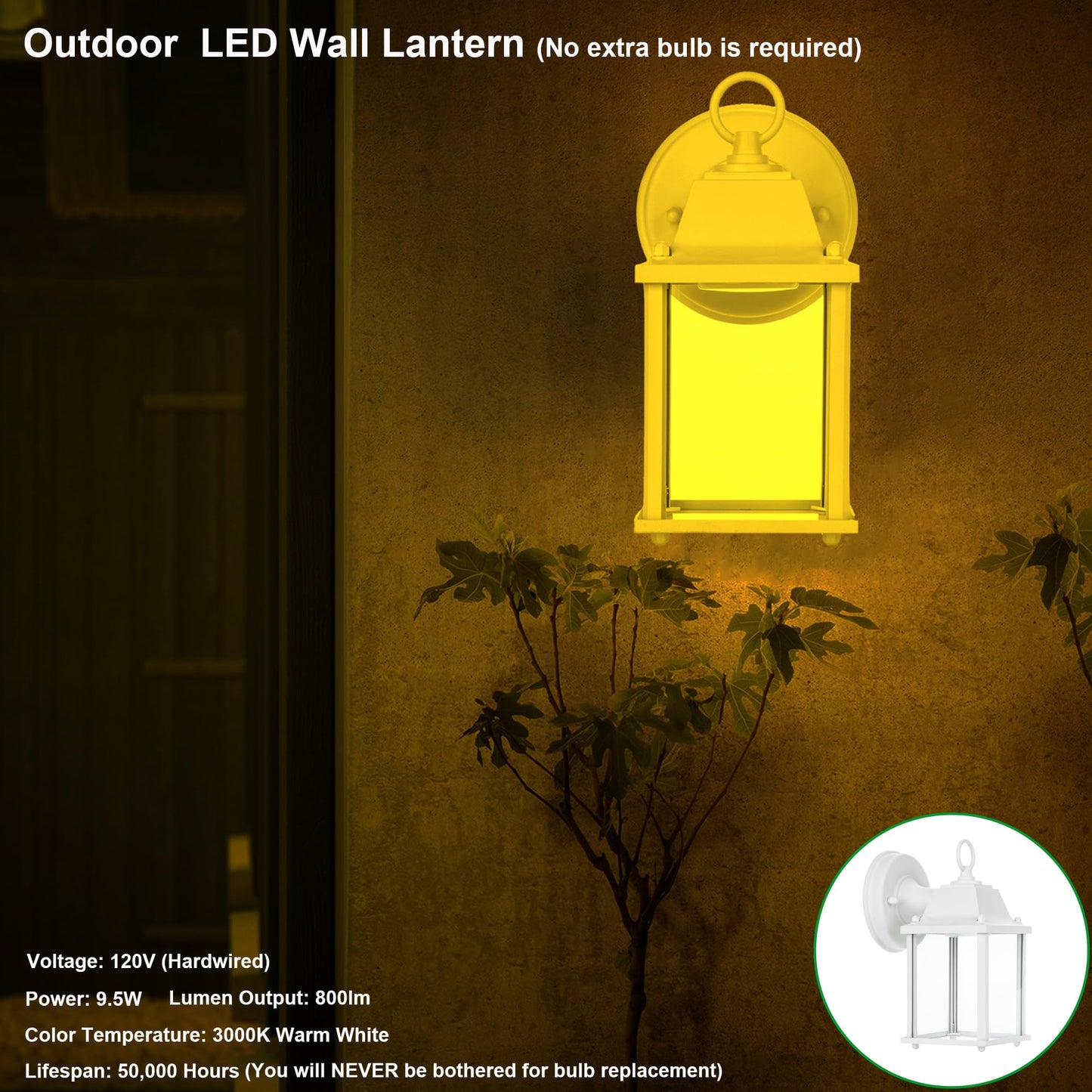 LIT-PaTH Outdoor LED Wall Lantern, 9.5W 800 Lumen, Aluminum, 3000K, Matte White Finish, 2-Pack, Model LT-WL001