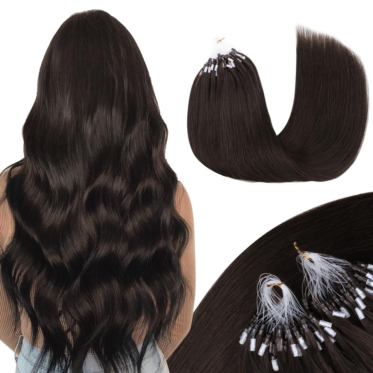 MAXITA Microlink Hair Extensions Human Hair Dark Brown Micro Bead Hair Extensions Virgin Human Hair, 50g/50 Strands/Pack, 18 In