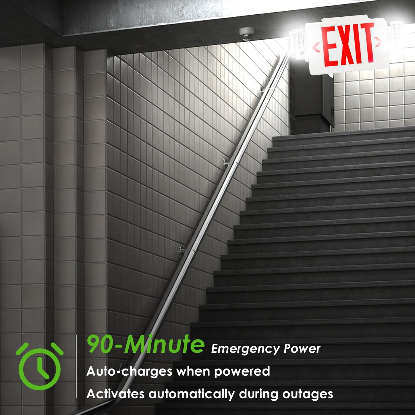 Gruenlich LED Emergency EXIT Sign Combo with 2 Adjustable Head Lights, Double Face, UL 924 Qualified, 120-277V, 2-Pack, Red Letter