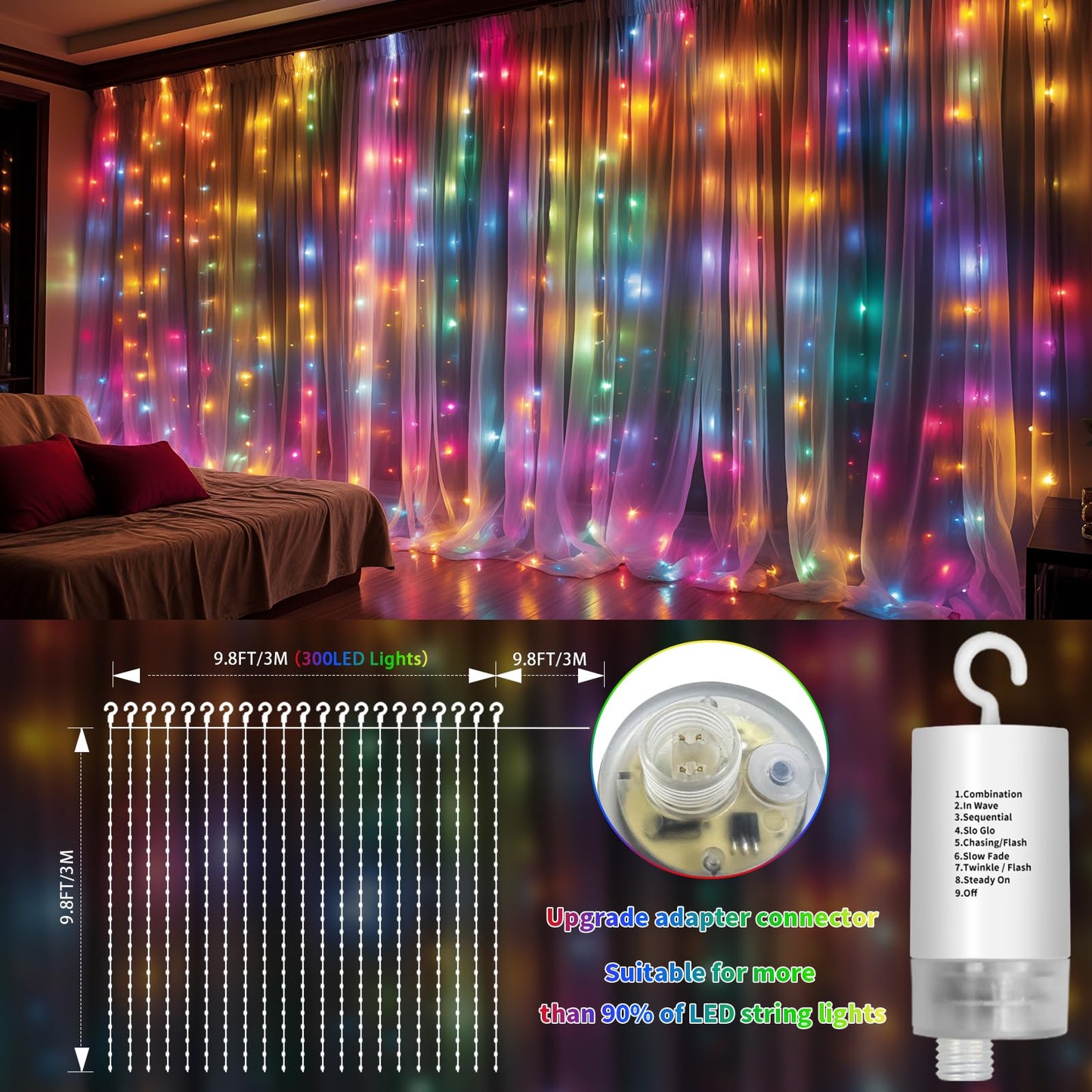 RCNDJE 300LED Battery Operated Curtain Lights, Waterproof Twinkle Fairy Lights, 10ft x 10ft, Multicolor