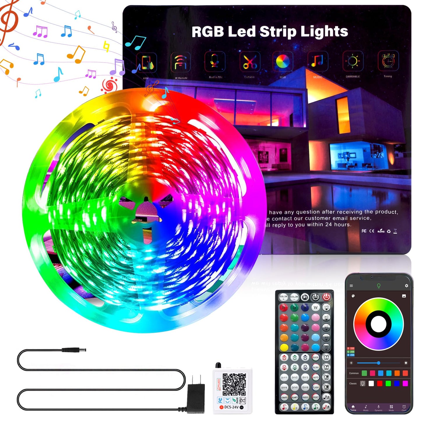 Ledagic LED Strip Lights 100ft Color Changing RGB Music Sync Remote App Control Plastic White