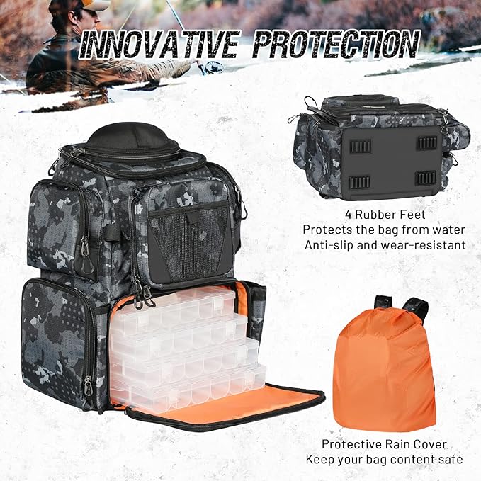 48L Large Fishing Tackle Backpack With Rod Holders, 4 Tackle Box, Protective Rain Cover - Water Resistant Storage Bag for Camping, Hiking, Hunting