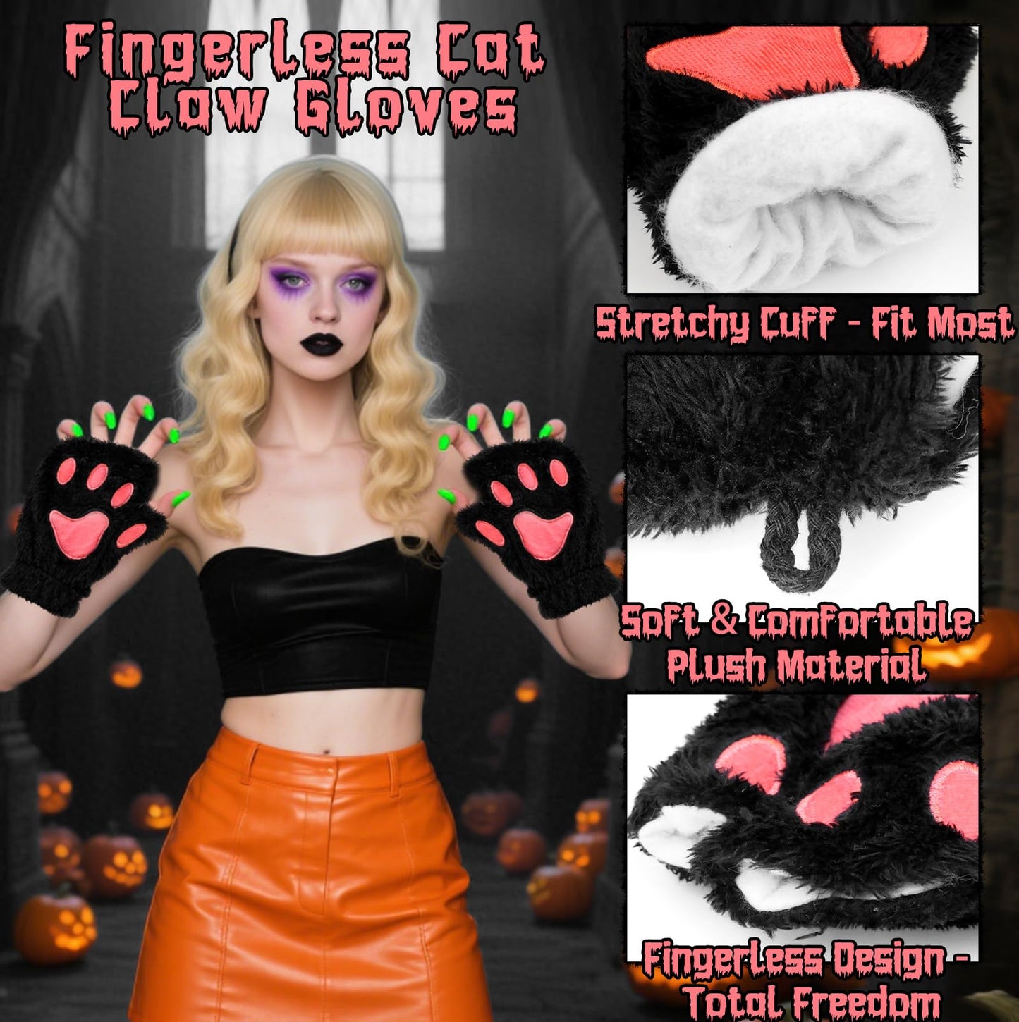 Dokeawo Fingerless Cat Paw Gloves, Furry Bear Plush Animal Mittens, Cute Cosplay Halloween Cat Costume Accessories for Women